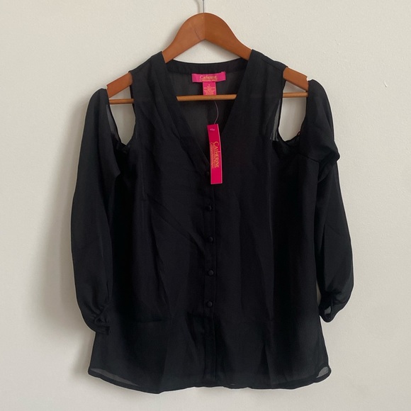 Catherine Malandrino Tops - NWT Catherine Malandrino Black Sheer Cold Shoulder Blouse